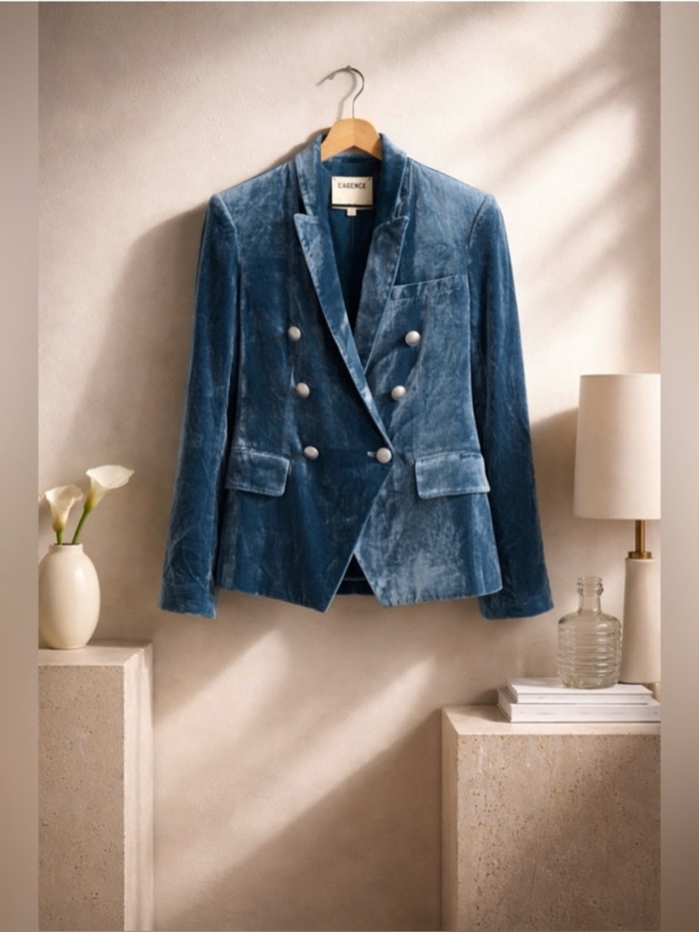 L’Agence Kenzie Velvet Blazer Cortez Blue Size 2 Double Breasted NWT - Picture 2 of 16